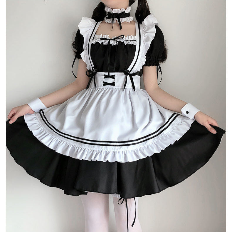 femboy maid dress front view mid shot below the head, white background showcasing the skirt/trim