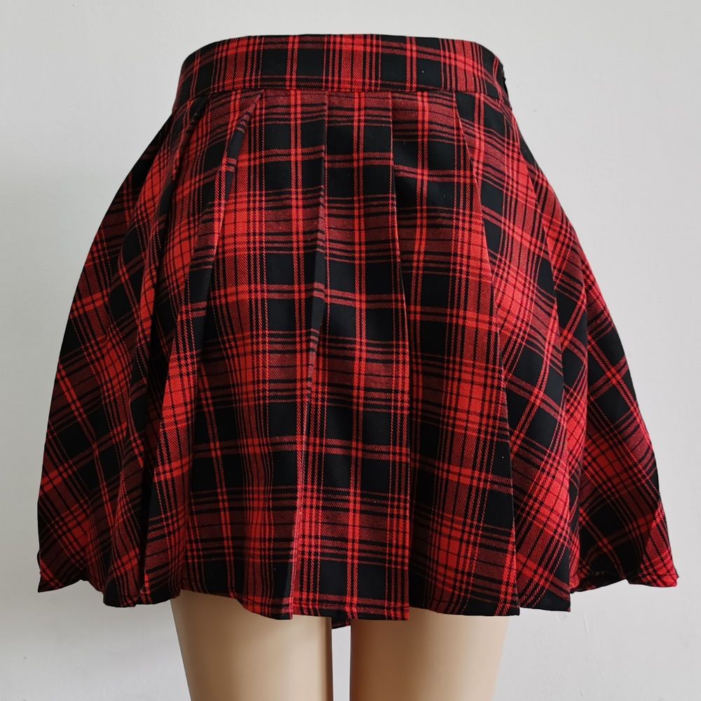 Goth femboy pleated skirt red plaid back view punk mini