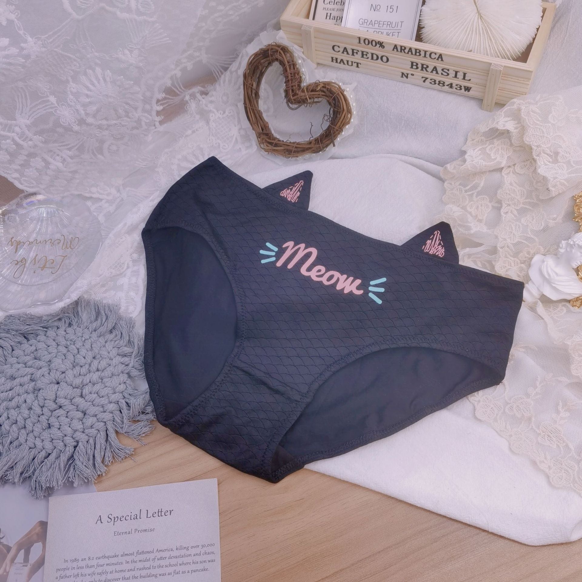Black cat pouch femboy panties with meow graphic and cat ear waistband detail, aesthetic flat lay product styling