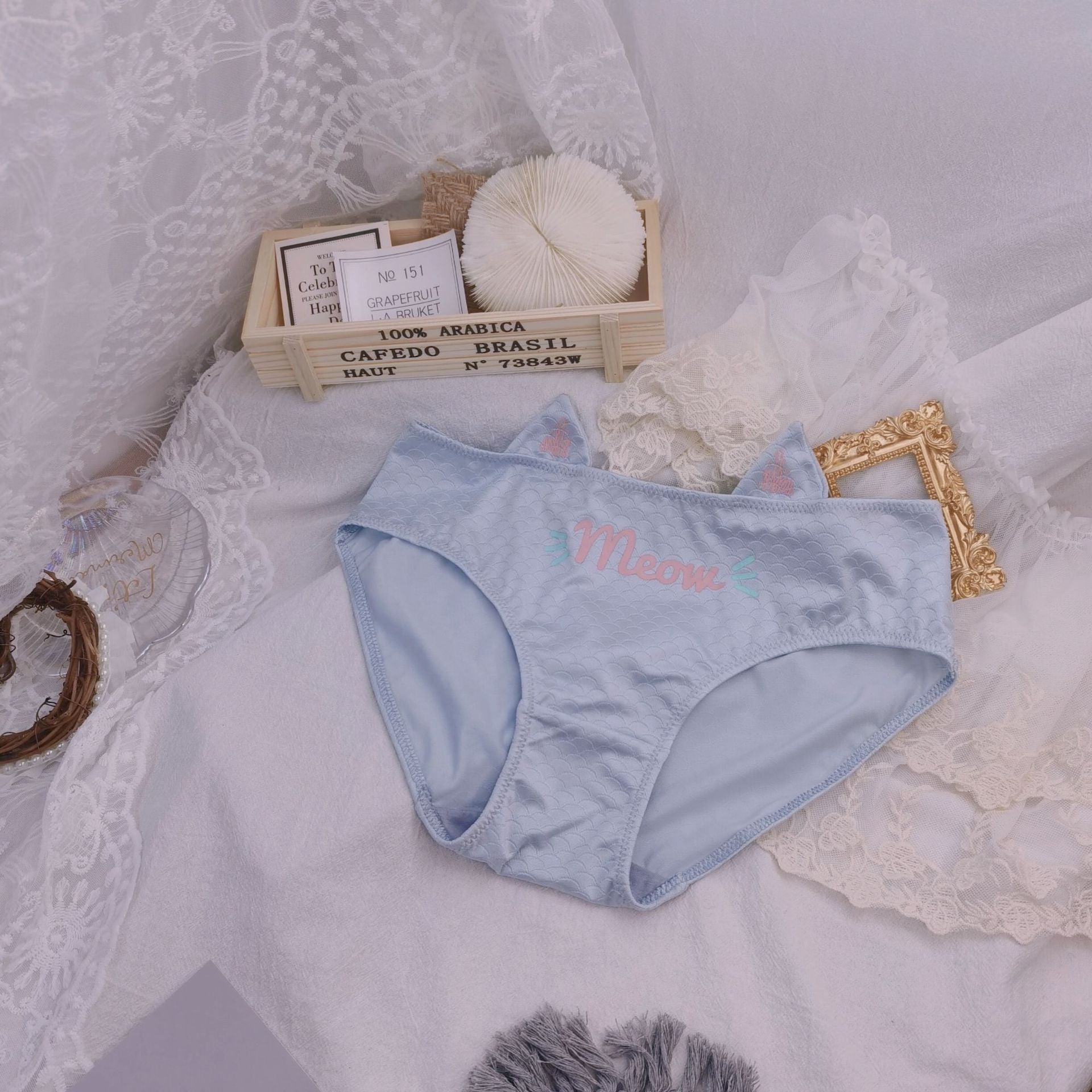 Blue cat pouch femboy panties with meow print and cat ear waistband detail, flat lay styling with lace fabric and soft decor