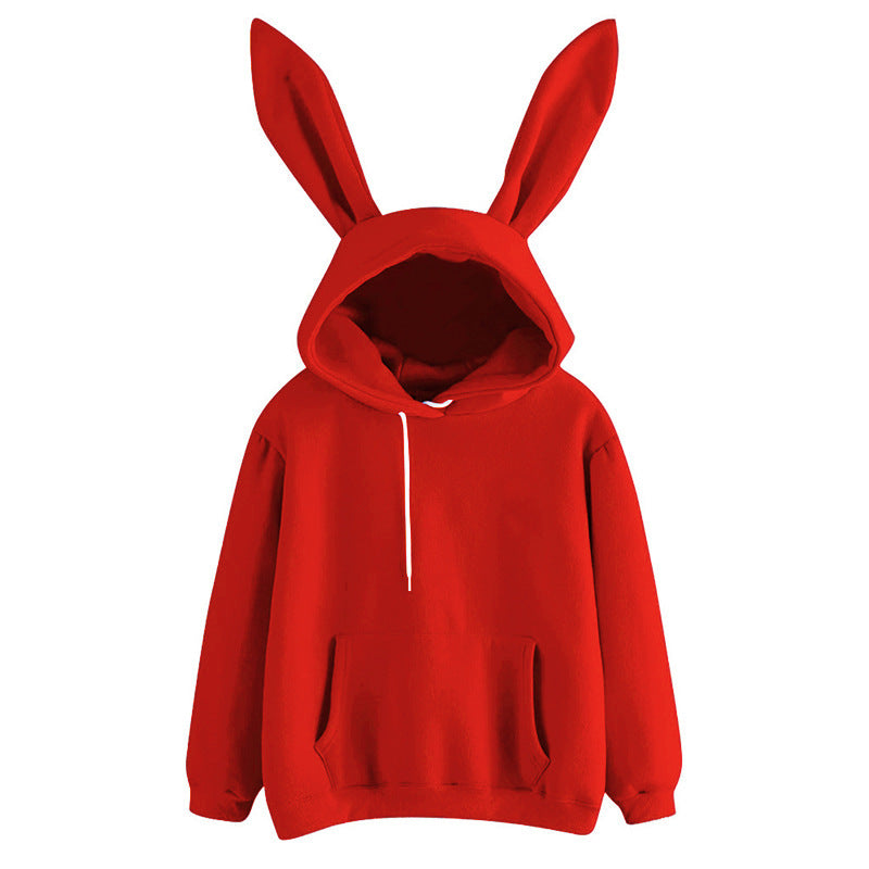 Red bunny ear femboy hoodie product shot, cute kawaii sweatshirt with ear detail