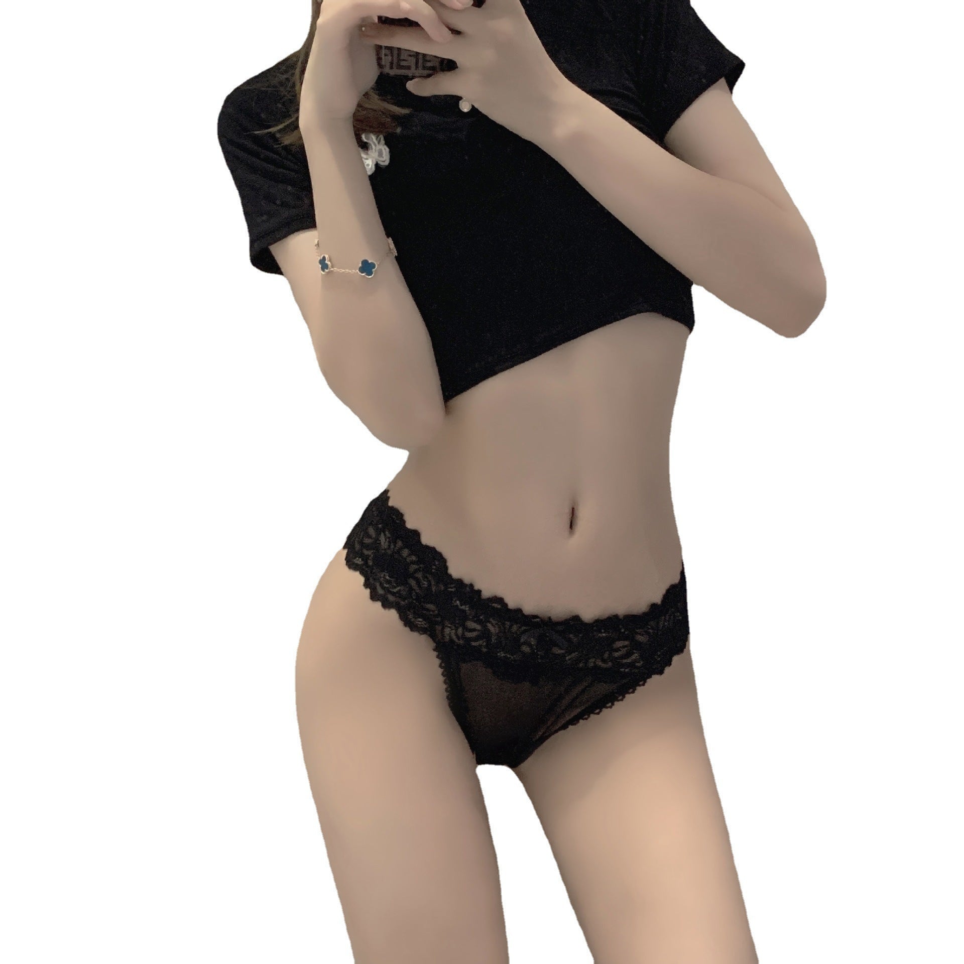 Femboy panties black lace bunny tail thong low rise on model