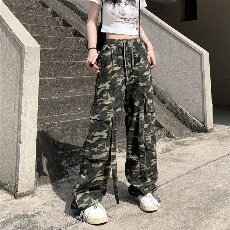 Femboy camo cargo pants wide leg high waist tactical fit on model
