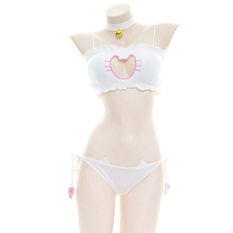 White cat paw heart cutout bralette femboy lingerie set front view with choker detail