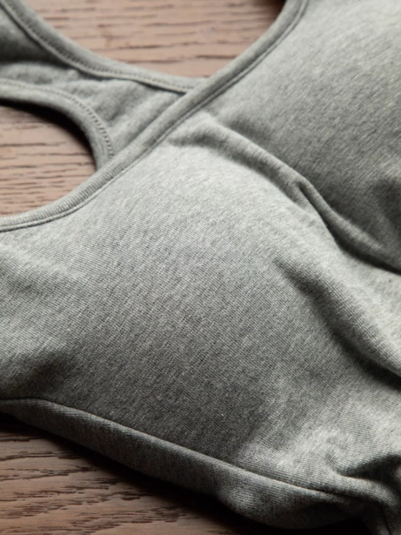close-up detail shot, top-down — heather grey ribbed cotton showing seam and texture, cotton femboy tank