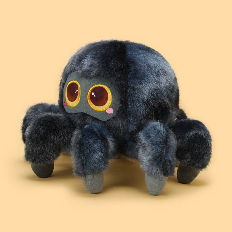 Angled side view of a dark grey cute spider plush highlighting its fluffy legs, rounded body, soft fur texture, and oversized eyes on a pastel yellow background.