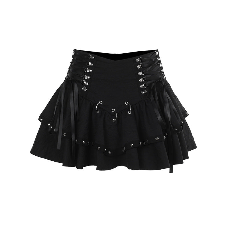 Black goth femboy corset mini skirt front product shot, lace-up detail and stud embellishment