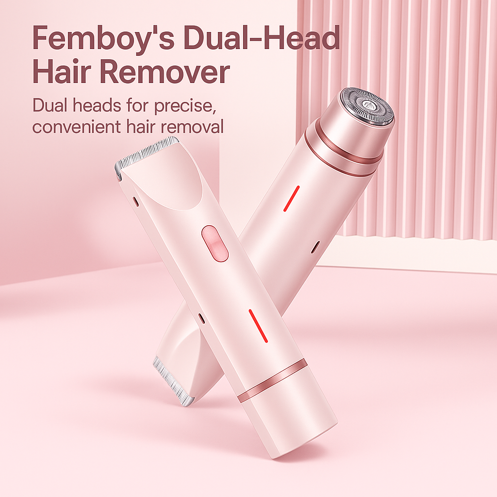 Dual head femboy shaving kit in light blue color, front-facing studio product shot showing slim ergonomic electric trimmer for precise femboy grooming, isolated on white background.
