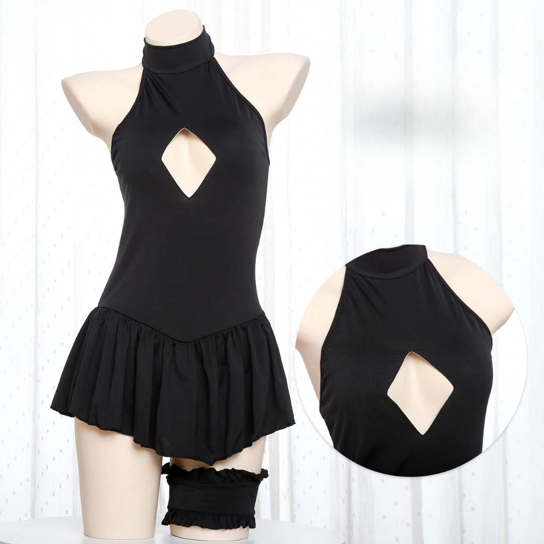 Black cutout halter sailor dress set with chest cutout and ruffle skirt hem, femboy dress from FemboyBox