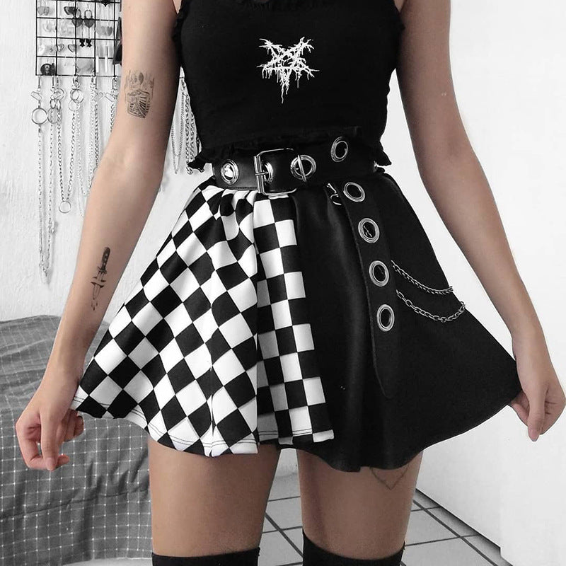 Black and white checkerboard split gothic mini skirt with chain belt, goth femboy outfit from FemboyBox