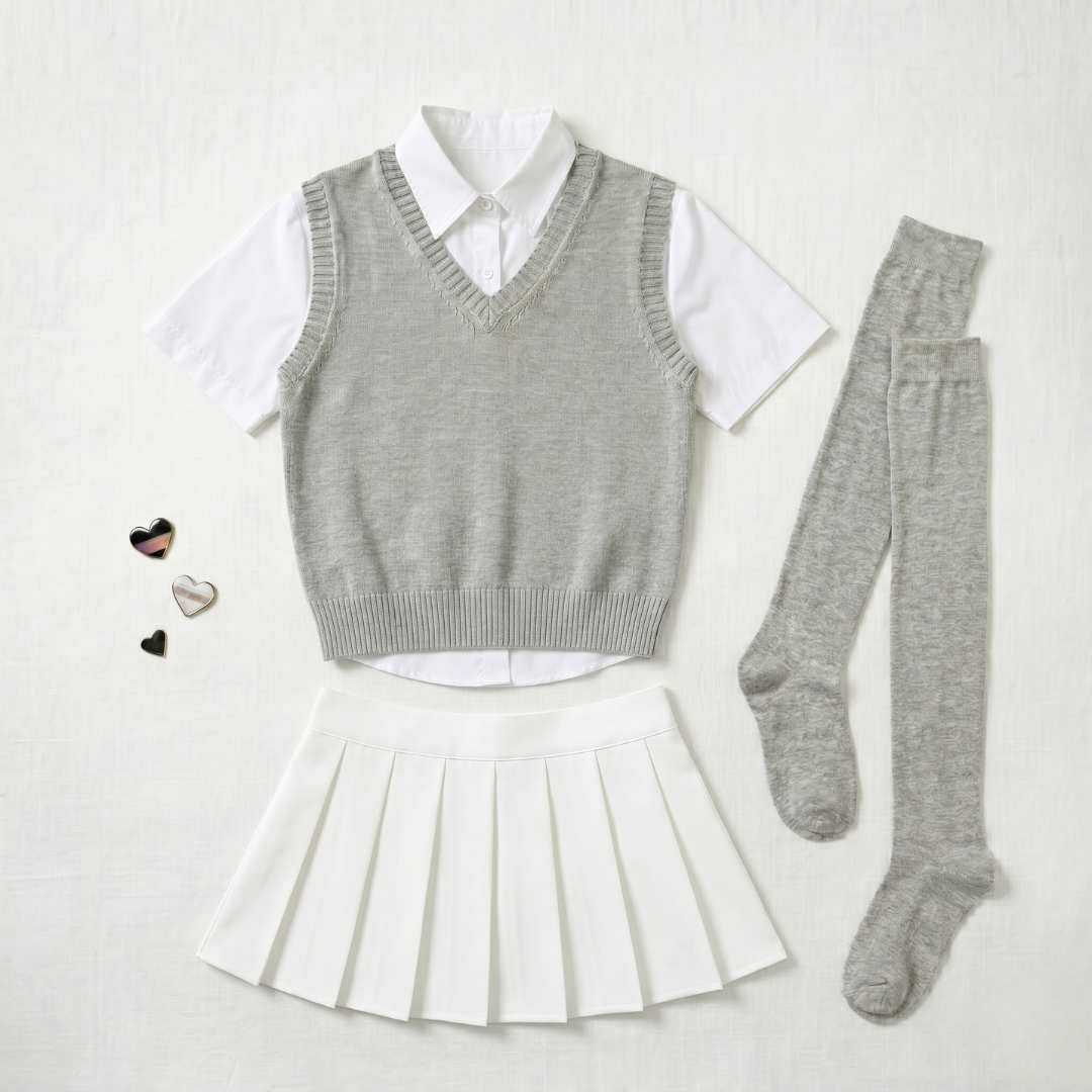 Femboy college kit flatlay with grey knit sweater vest, white button shirt, pleated mini skirt and grey thigh high socks from FemboyBox