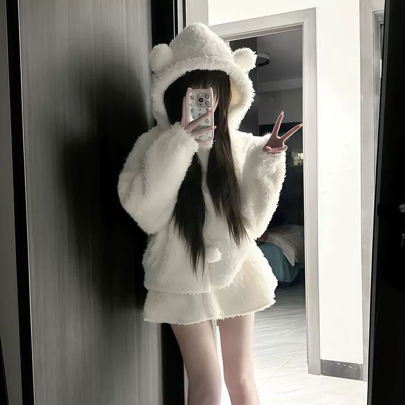 White fluffy bear ear femboy hoodie mirror selfie, oversized kawaii aesthetic zip-up with ear detail from FemboyBox