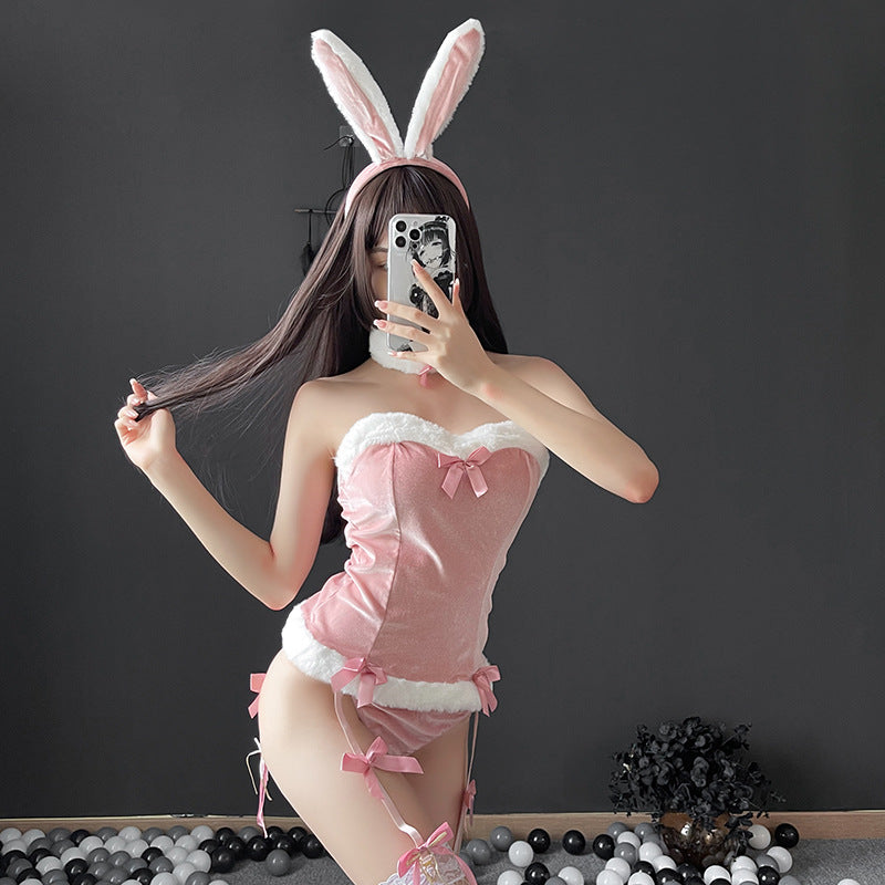 Pink fluffy bunny corset lingerie set with bunny ears, femboy cosplay lingerie mirror selfie from FemboyBox