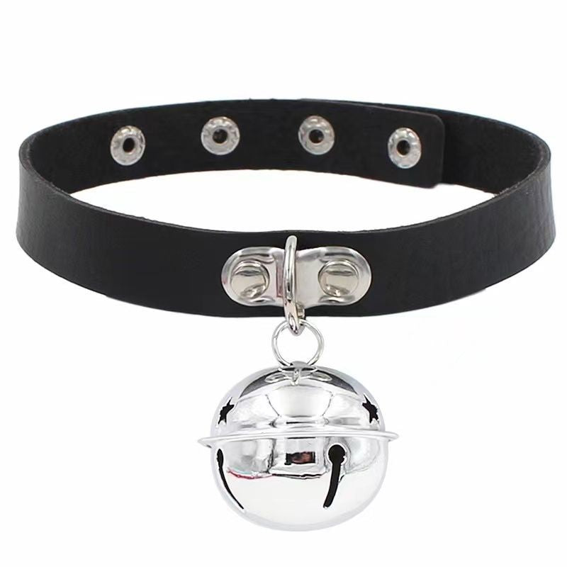 Black femboy gothic choker with a silver bell charm centerpiece, smooth faux leather strap, adjustable snap buttons, and sleek alternative aesthetic, shot on a white background for femboy outfits.