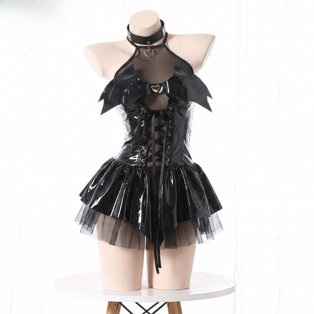 Black gothic devil femboy lingerie set with PVC corset, tutu skirt and choker, dark cosplay lingerie from FemboyBox