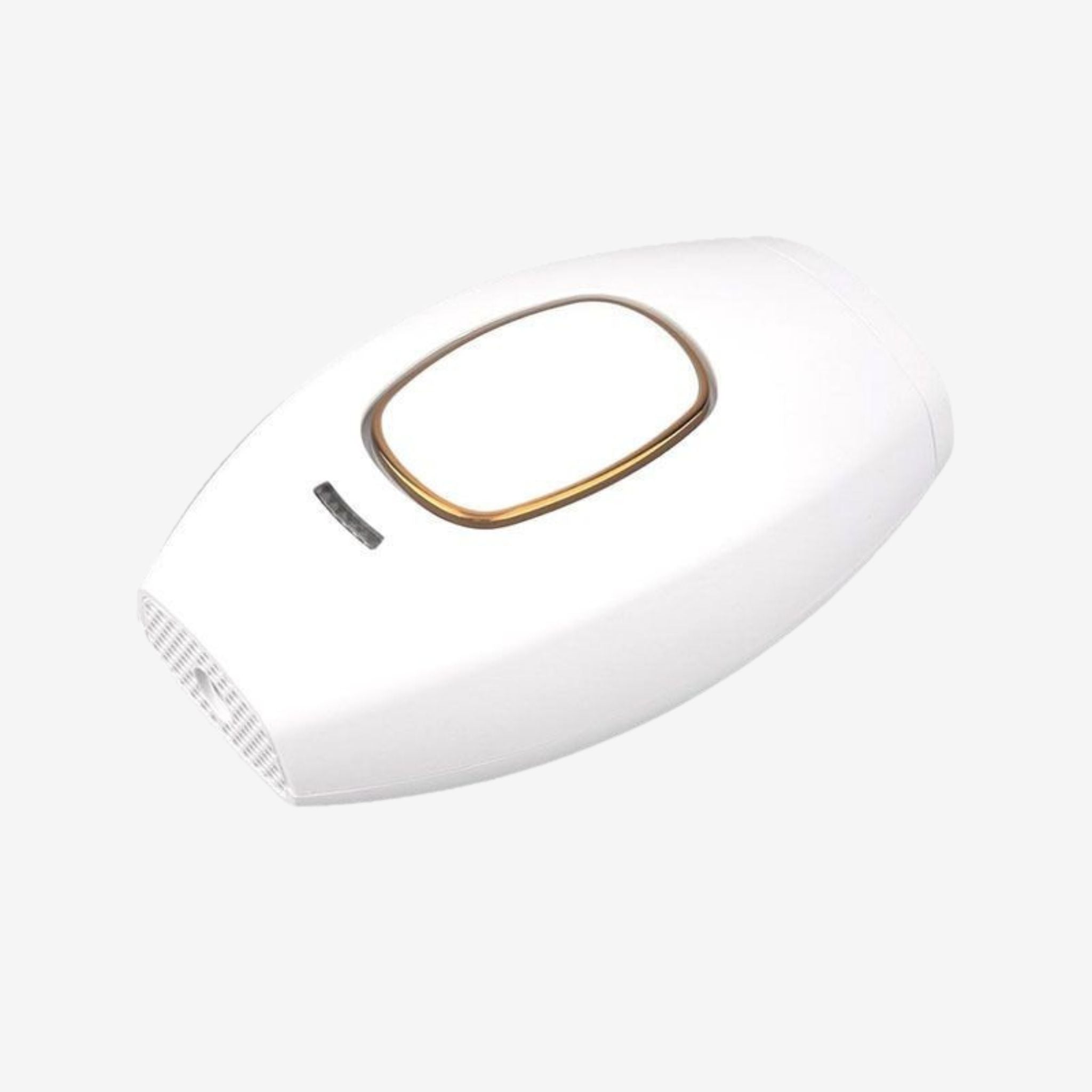 Close-up product image of a white femboy IPL hair removal device featuring a smooth oval shape, gold-accented treatment window, and compact handheld design against a plain white background