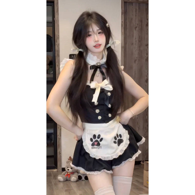 Femboy maid cosplay dress with ruffled mini skirt and cat paw embroidered white apron overlay