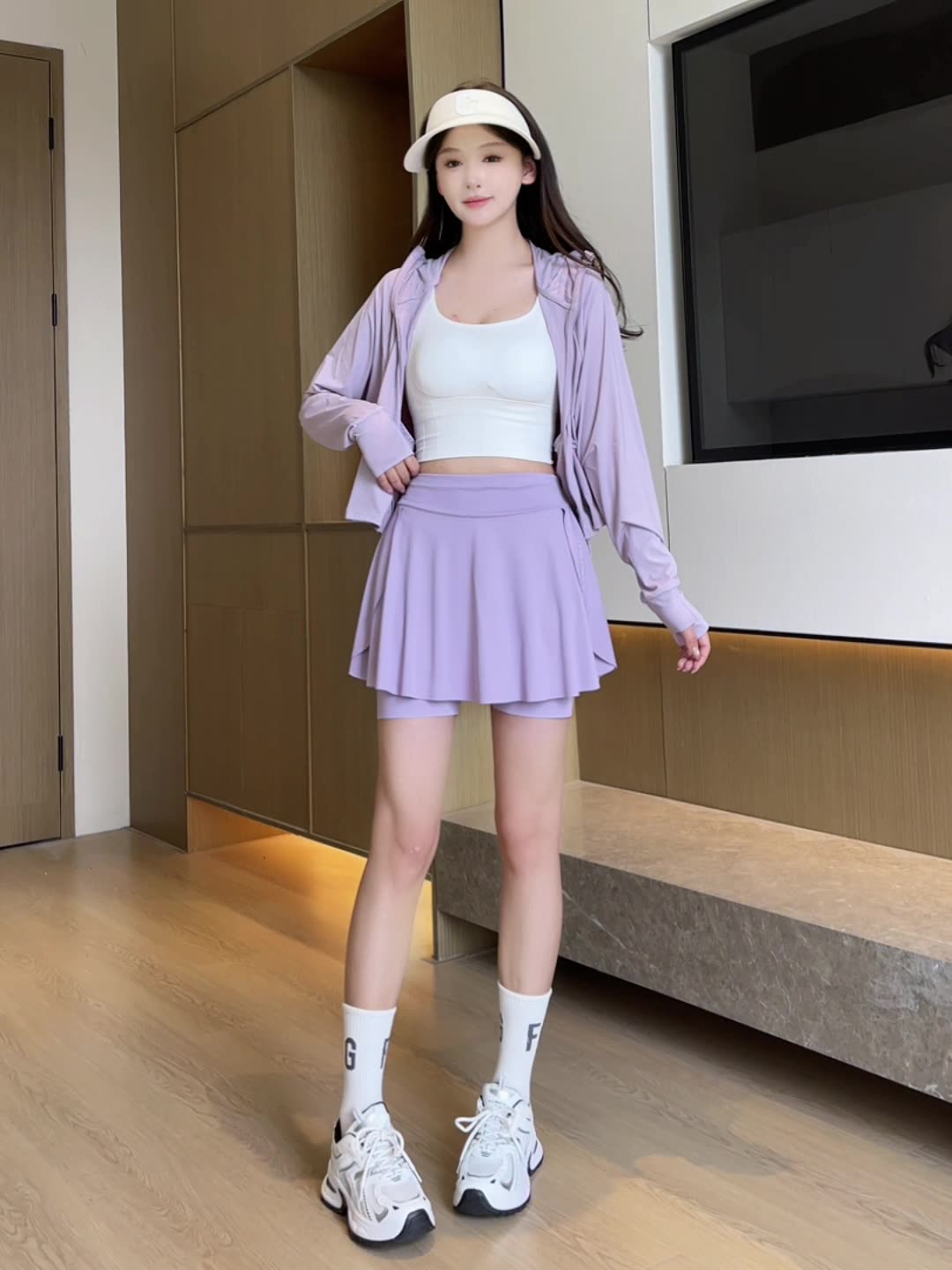 Lifestyle front shot of pastel lilac Femboy Sport Skorts with pleated overlay and built‑in shorts, cute femboy skirt outfit.
