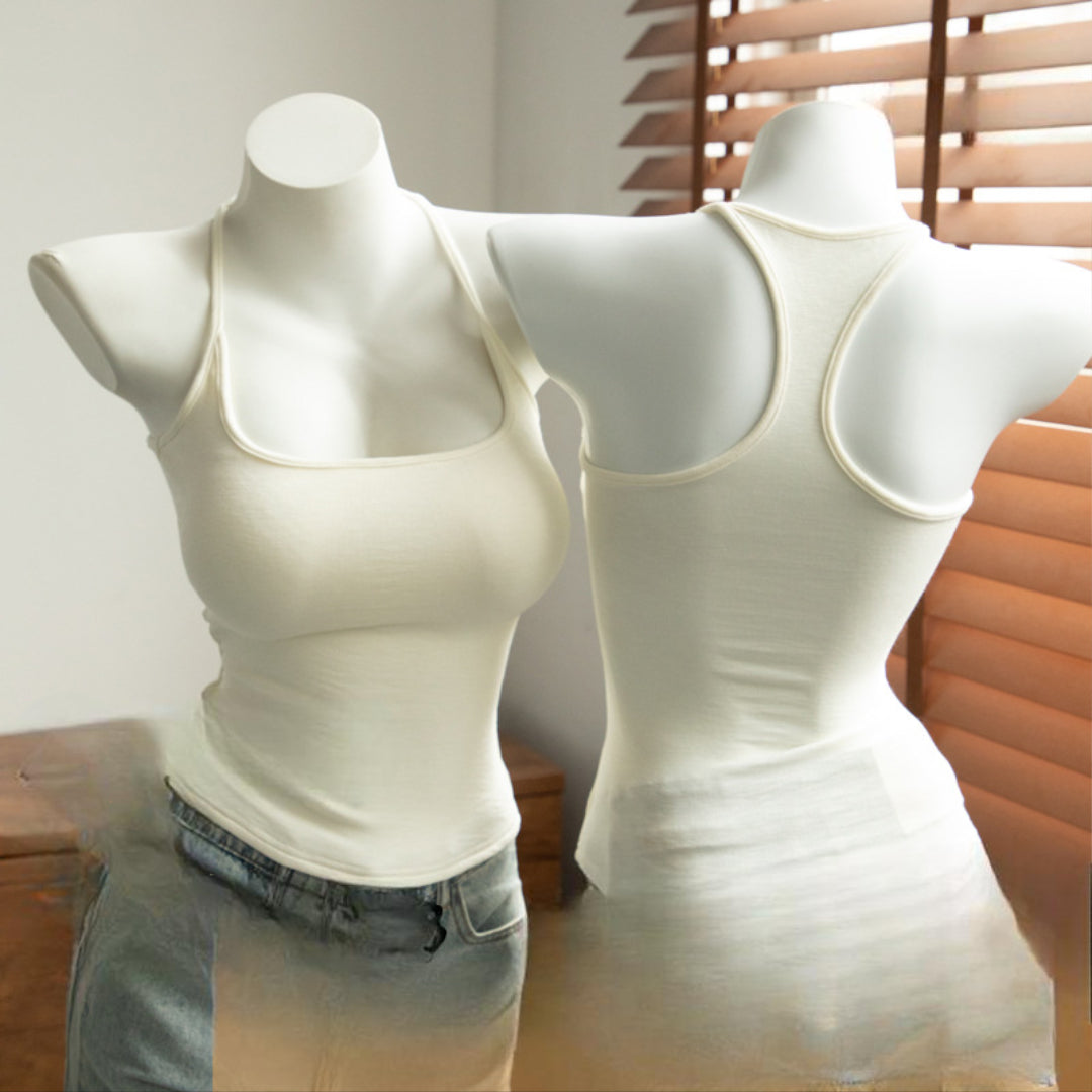Studio front-and-back shot of cream Ribbed Femboy Tank, femboy tops.