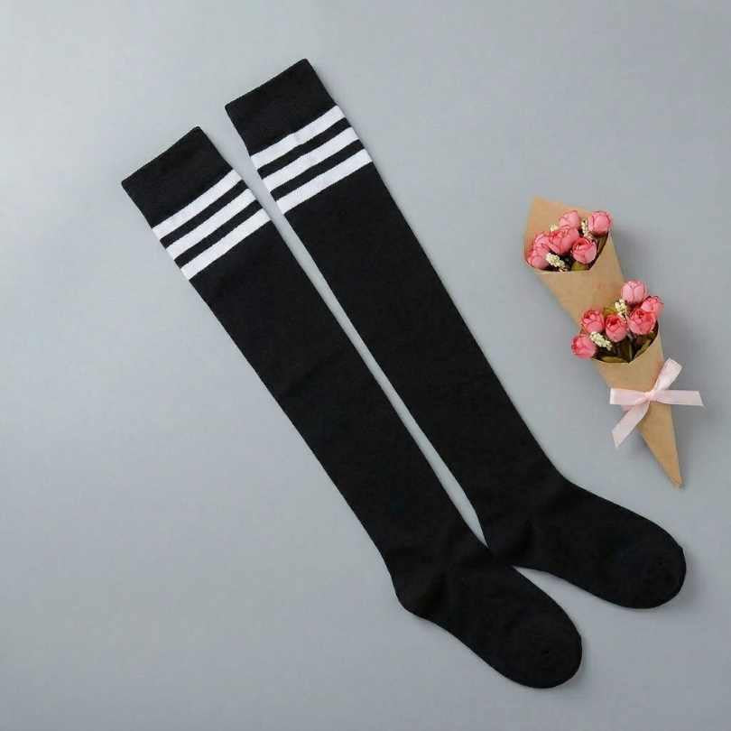 Pink thigh high cotton socks with black stripe for cute femboy looks, over the knee style