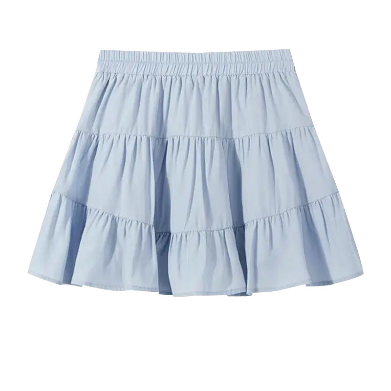 Light blue tiered ruffle femboy mini skirt product shot, high waist A-line cake skirt