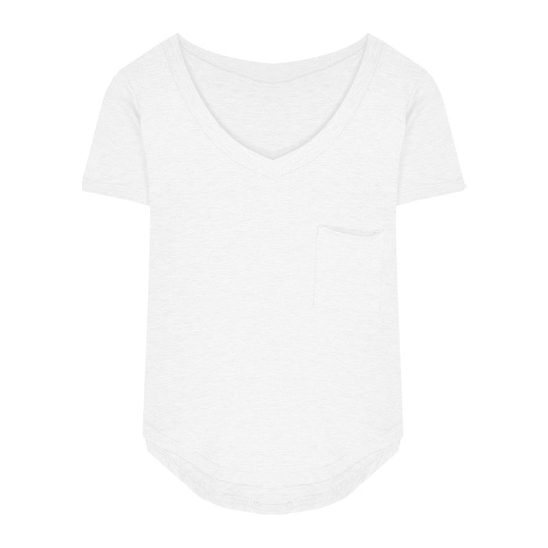 White fitted femboy v-neck t-shirt product shot, soft curved hem casual femboy top