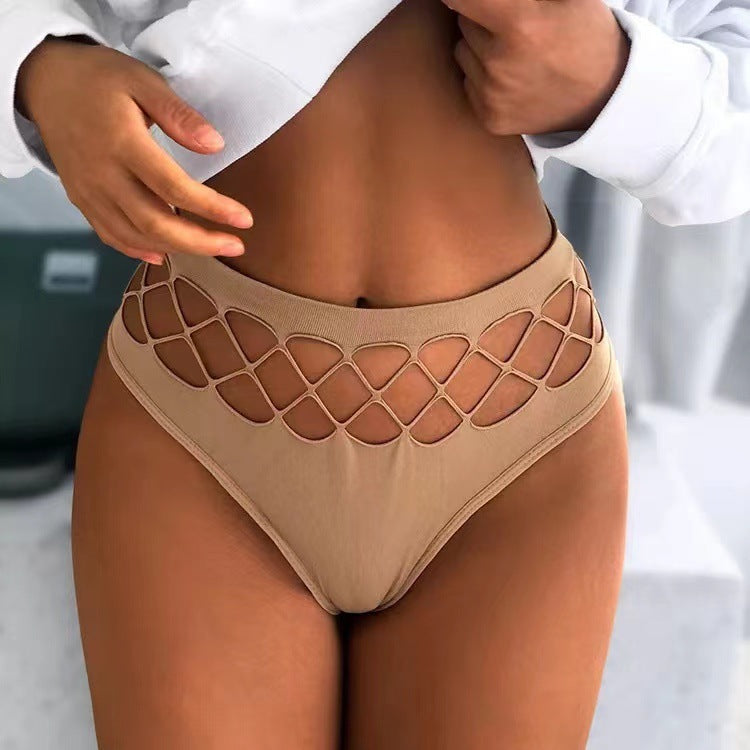 Beige fishnet femboy thong close-up, detailed waistband lattice design and soft fabric texture