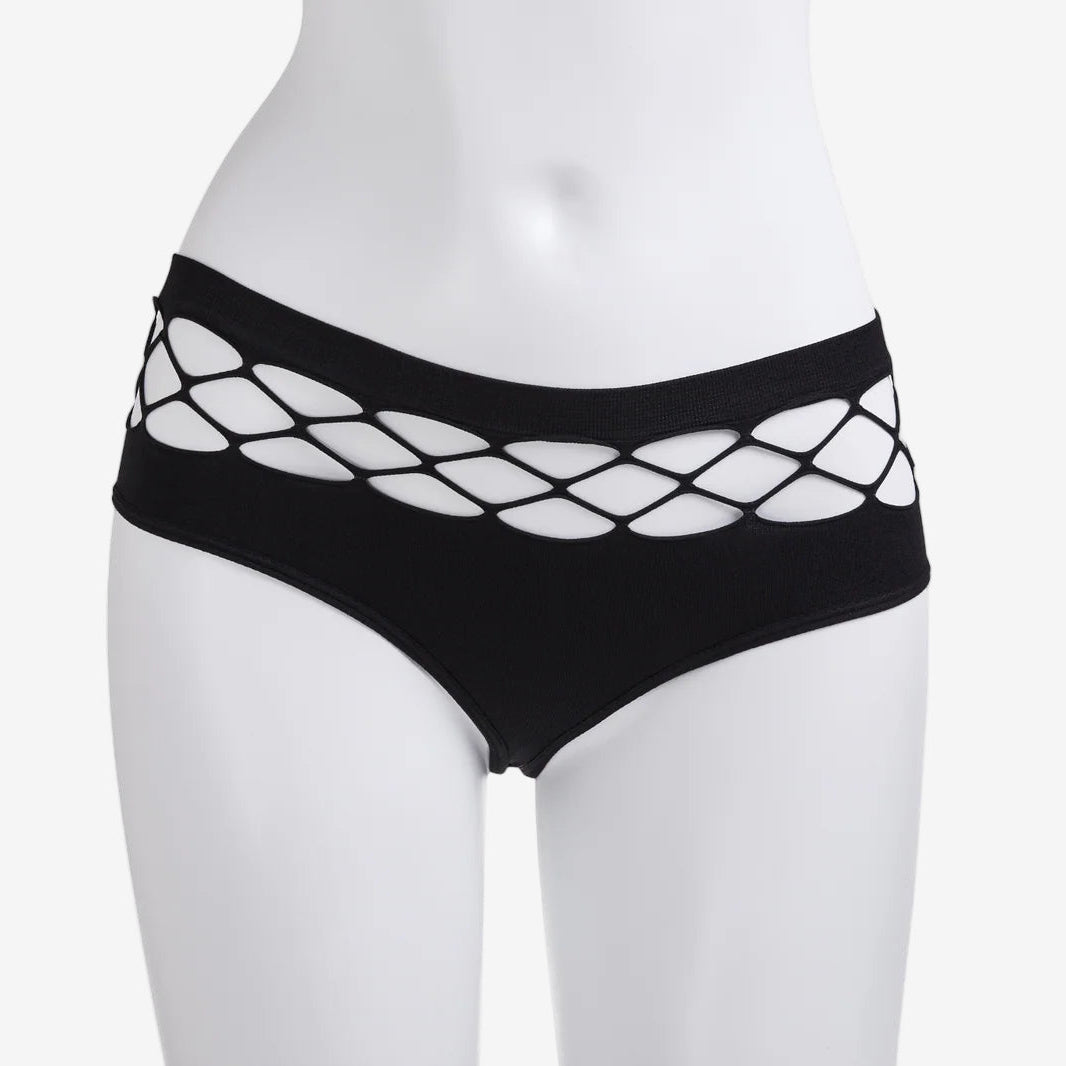 studio flat shot, straight-on angle of black fishnet femboy thong displayed on white mannequin torso, showcasing geometric mesh cutout band under even soft lighting for clean ecommerce presentation in femboy clothing style
