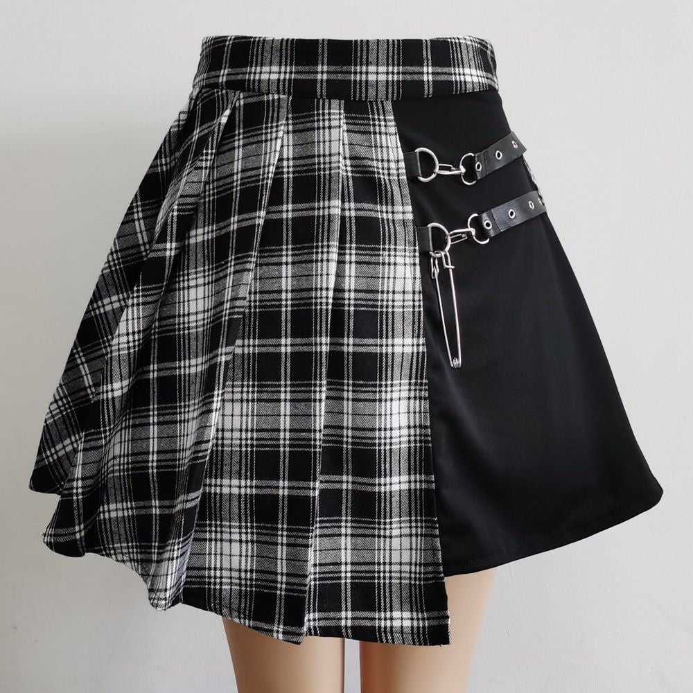 Goth femboy skirt black white plaid pleated asymmetric punk chain detail
