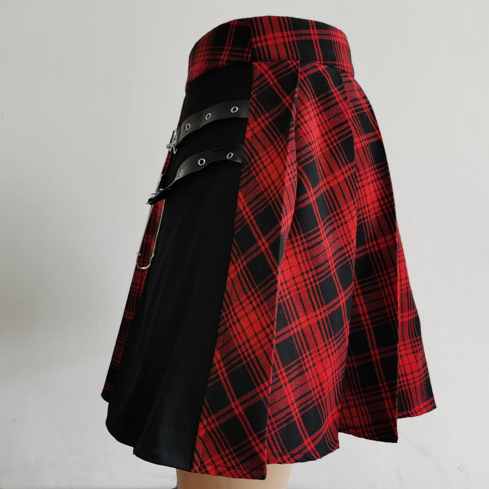 Femboy skirt red plaid goth pleated asymmetric panel side view