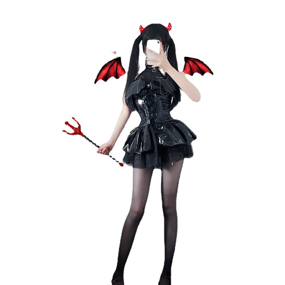 Gothic devil femboy cosplay lingerie full look with horns, black and red tutu corset set lifestyle shot