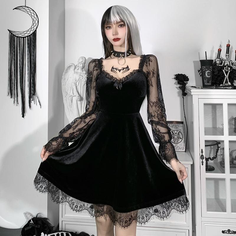 femboy wearing gothic lace ruffle dress with sheer lace sleeves and velvet flared skirt in dark aesthetic bedroom setting