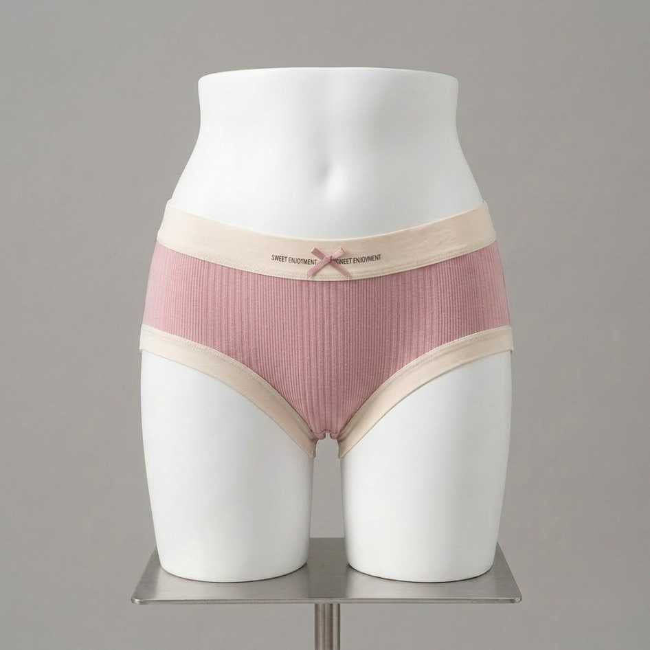 Pink ribbed modal femboy panties with cream contrast trim and satin bow waistband detail