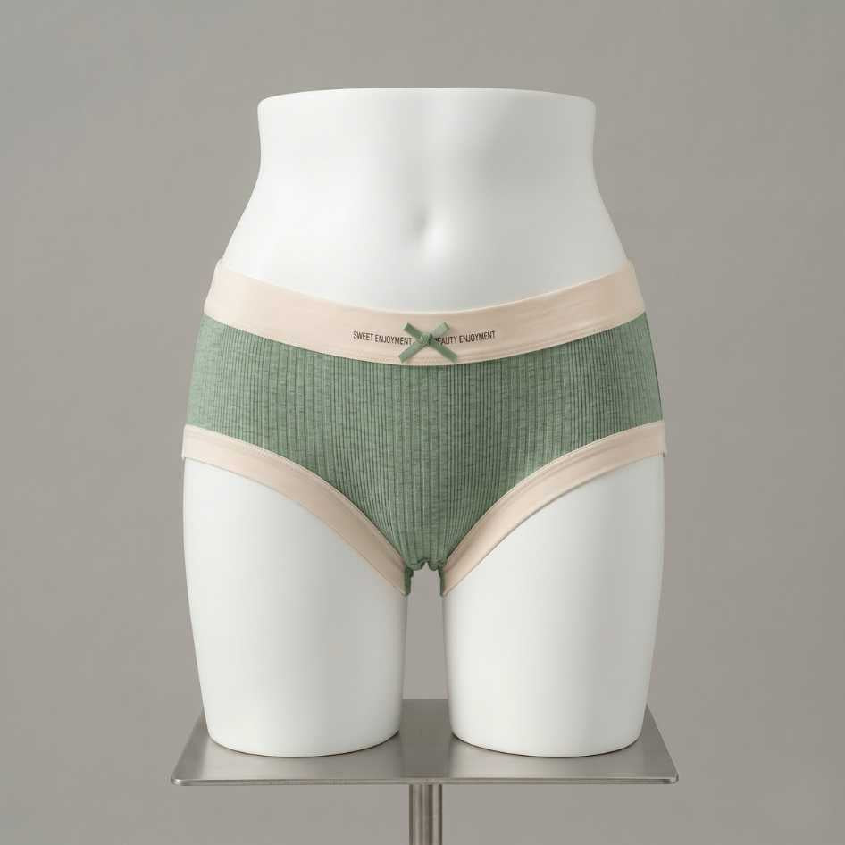Sage green ribbed modal femboy panties with cream contrast trim and satin bow waistband