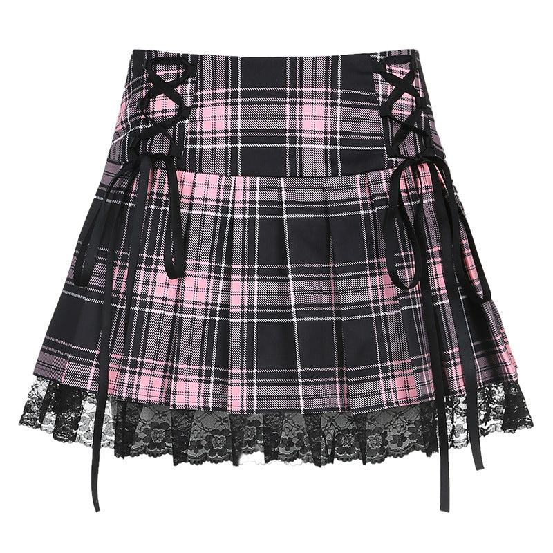 Femboy skirt black plaid pleated lace up lace trim goth flat lay