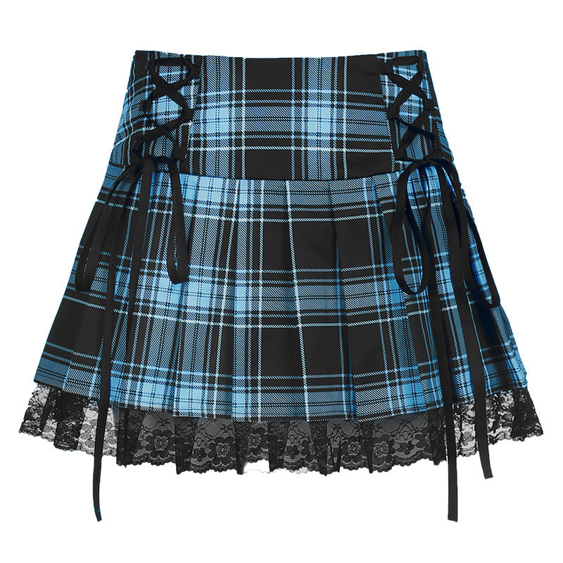 Femboy mini skirt blue plaid pleated lace hem goth schoolgirl flat lay