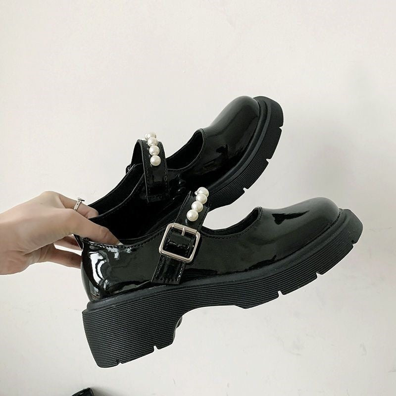 Femboy shoes black pearl strap mary jane cat heel low lolita side