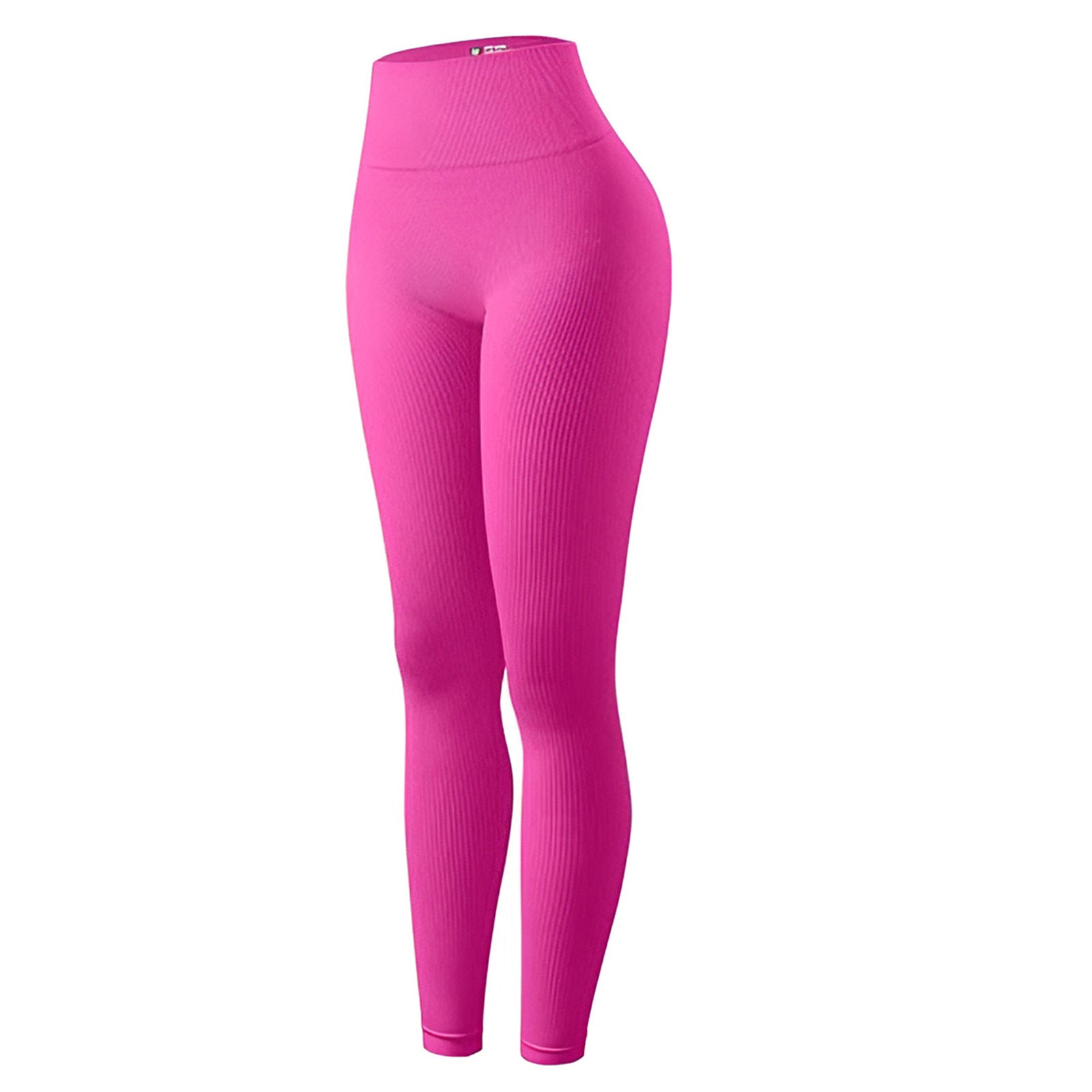 Front product shot of pink ribbed yoga leggings with a supportive high-waist, adding a bold pop to a femboy outfit.