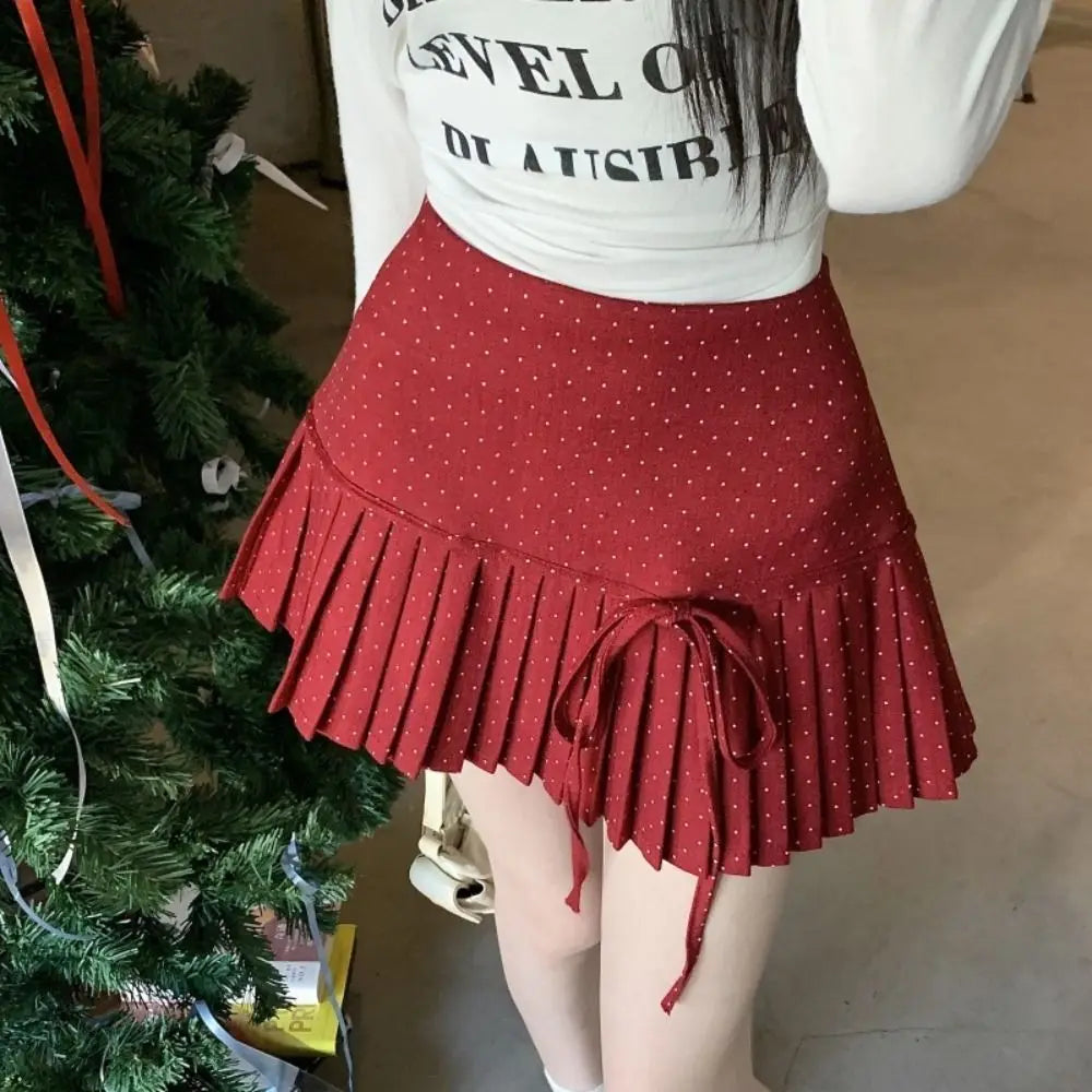 Femboy skirt red polka dot pleated mini bow tie high waist on model