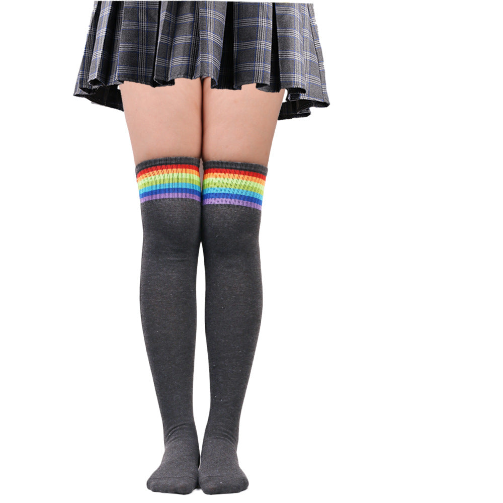 Femboy thigh high socks dark grey rainbow stripe over knee ribbed cuff