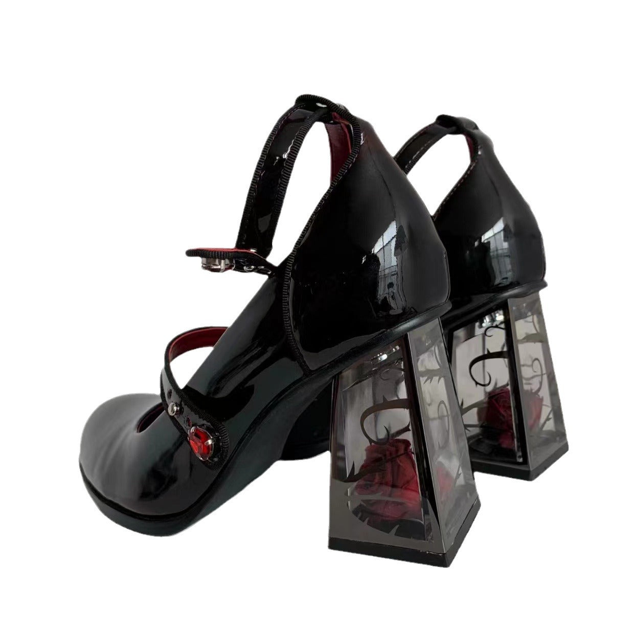 Femboy heels wine red mary jane rose block heel round toe pair