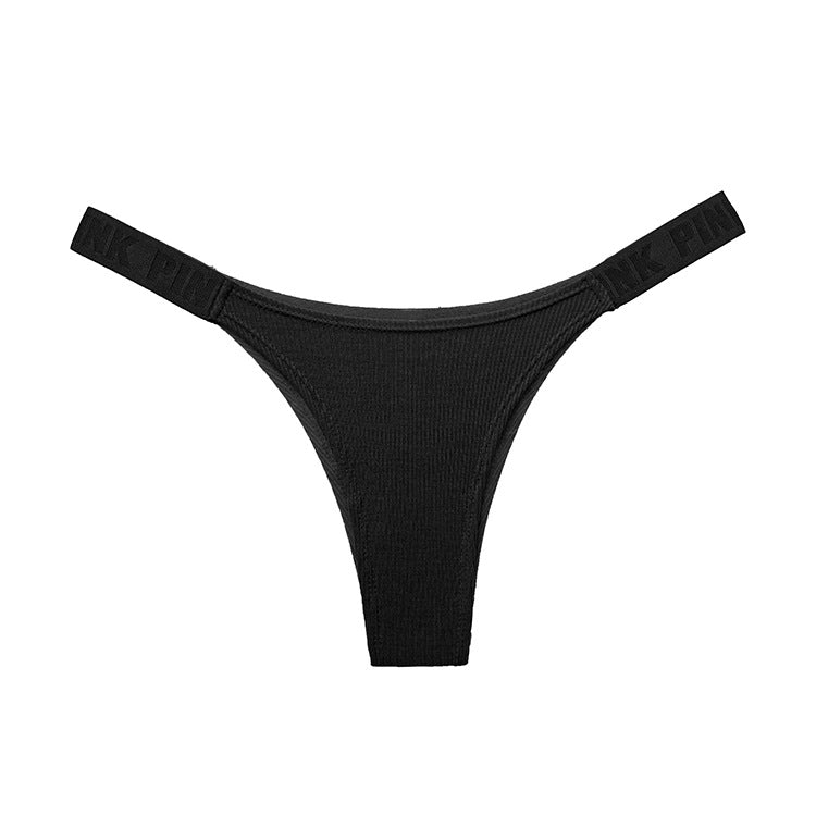 Flat-lay product shot of black seamless femboy briefs with ribbed fabric and branded straps on a clean white background, minimalist ecommerce lighting, femboy clothing, femboy outfits.
