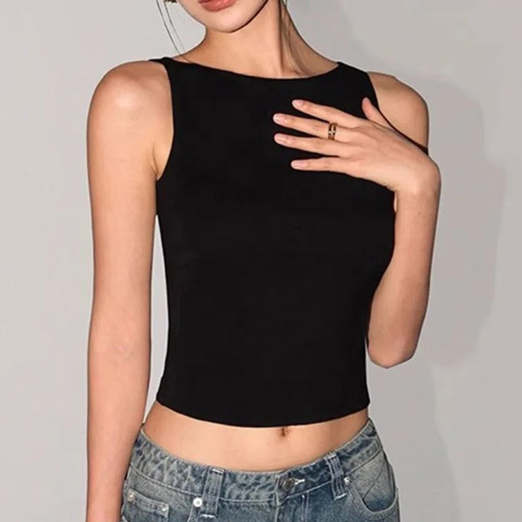 FemboyBox femboy crop top black sleeveless ice silk boat neck fitted