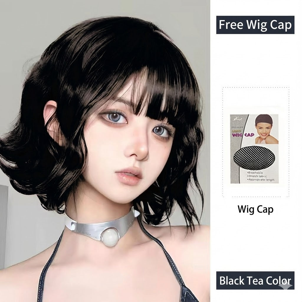 Model wearing black soft curl femboy wig with short fluffy curls and soft air bangs for a cute feminine look