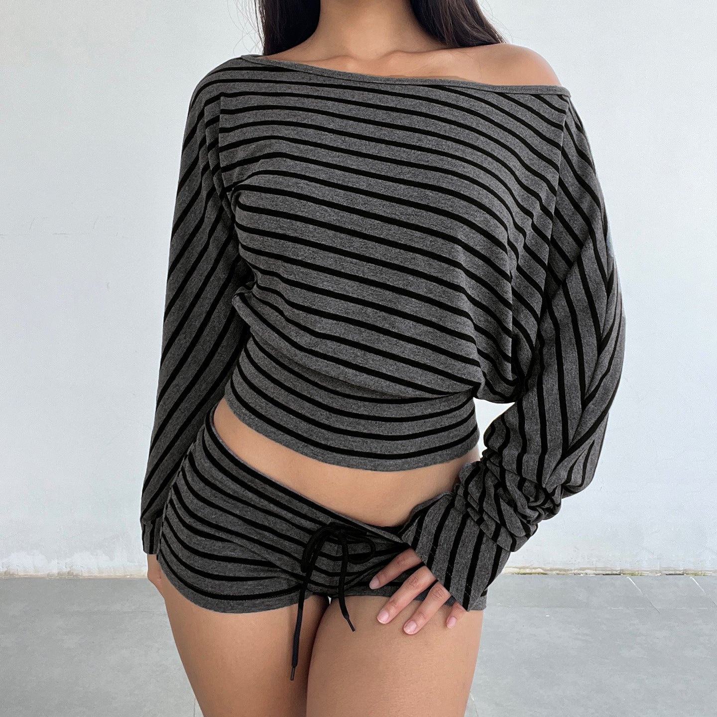 FemboyBox femboy set grey striped off shoulder top booty shorts two piece
