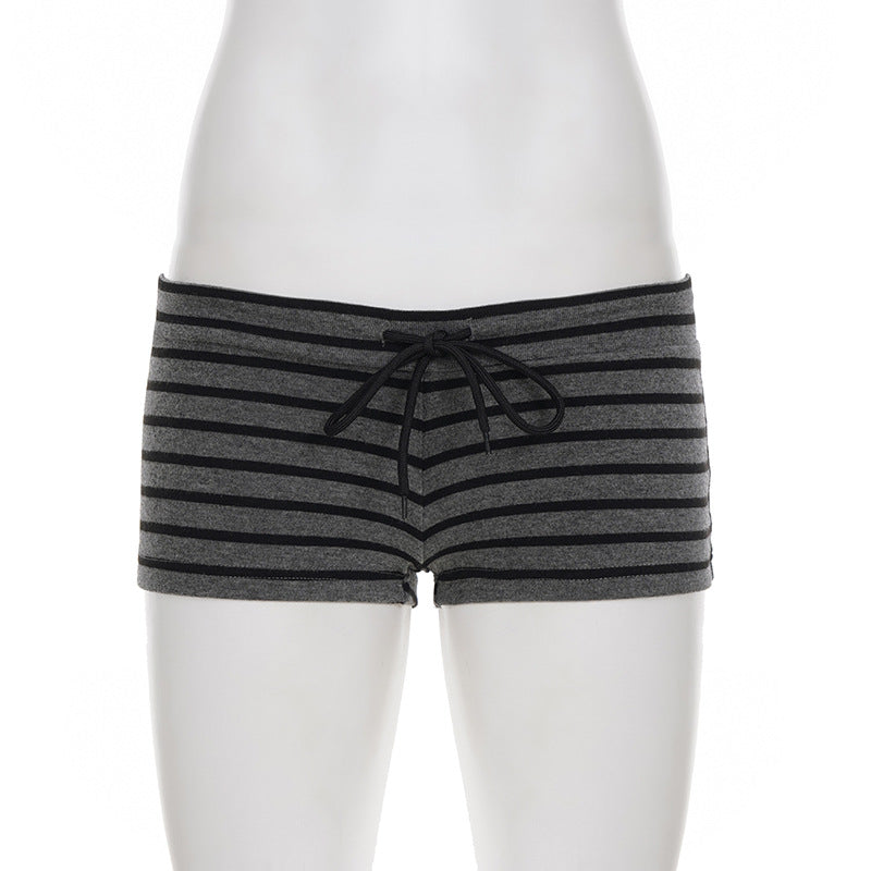 Femboy shorts grey striped side tie booty shorts flat lay