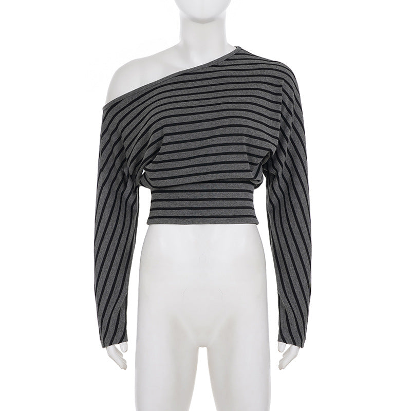 Femboy top grey striped off shoulder long sleeve cinched waist flat lay