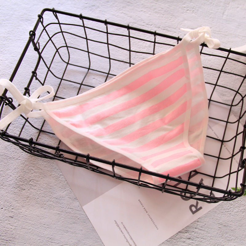 Femboy panties pink white stripe tie side cotton low rise bikini flat lay