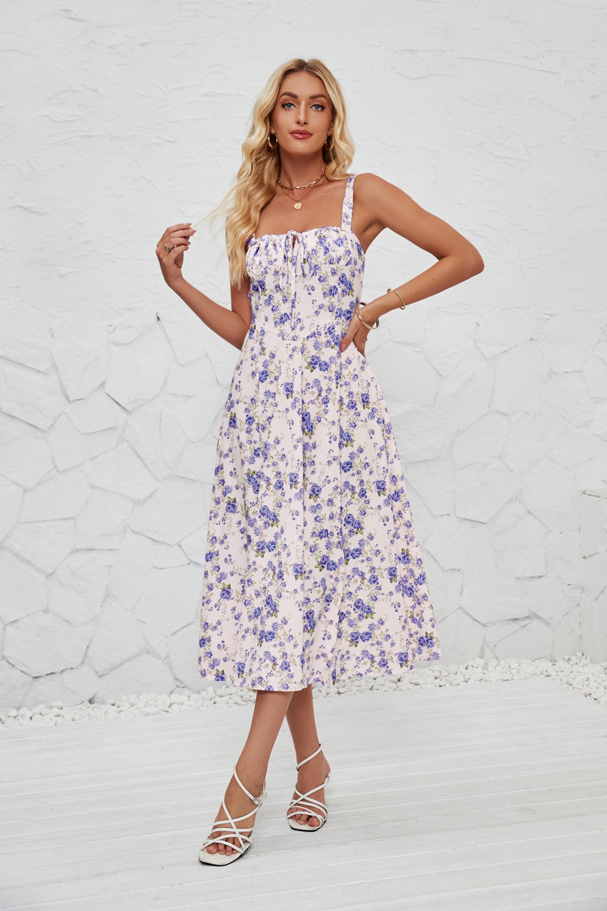 Full‑body front shot of white Summer Floral Femboy Midi Dress with blue botanical print, femboy dresses.