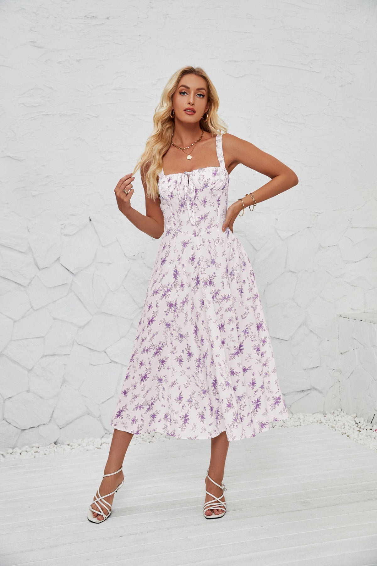 Full‑body front shot of white Summer Floral Femboy Midi Dress with lavender floral print, cute femboy outfit.